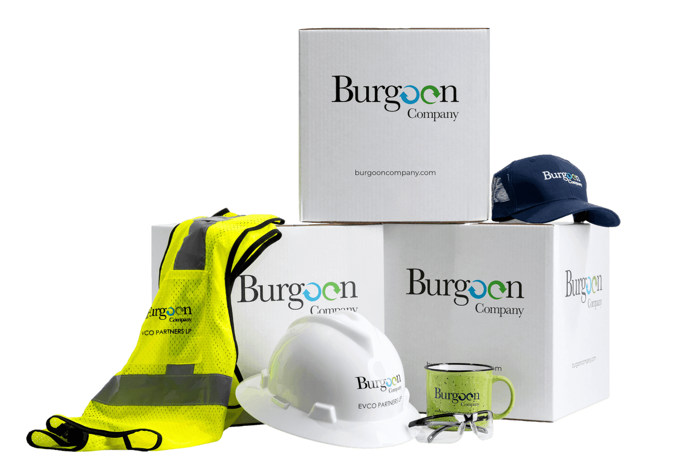 Various Burgoon-branded products with three Burgoon-branded shipping boxes.